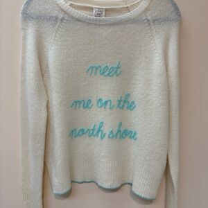 Golden Sun Elegant Cream Sweater with Blue Script 100% Cashmere